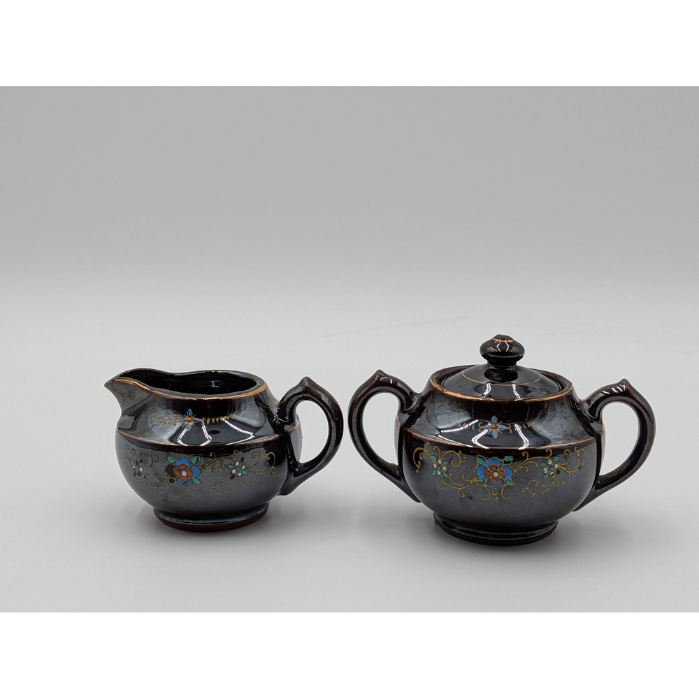 Vintage Japan Ceramic Creamer Pitcher and Sugar Bowl with‎ Lid Floral Accents